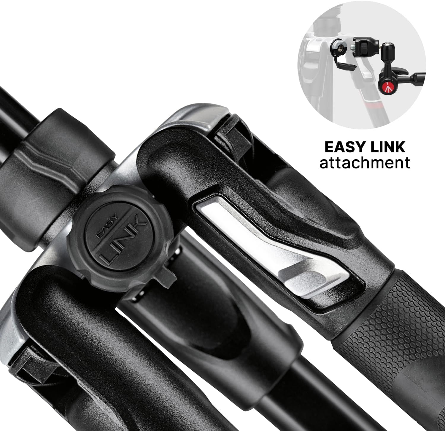 Close-up of a camera tripod with 'EASY LINK' attachment feature on a white background.
