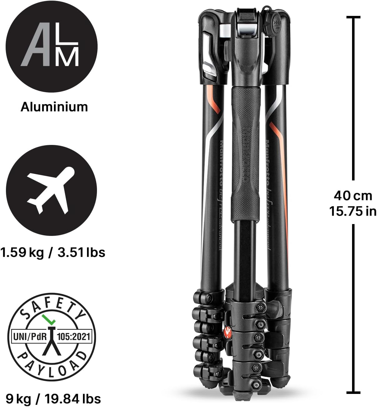 Black tripod with measurement details on a white background