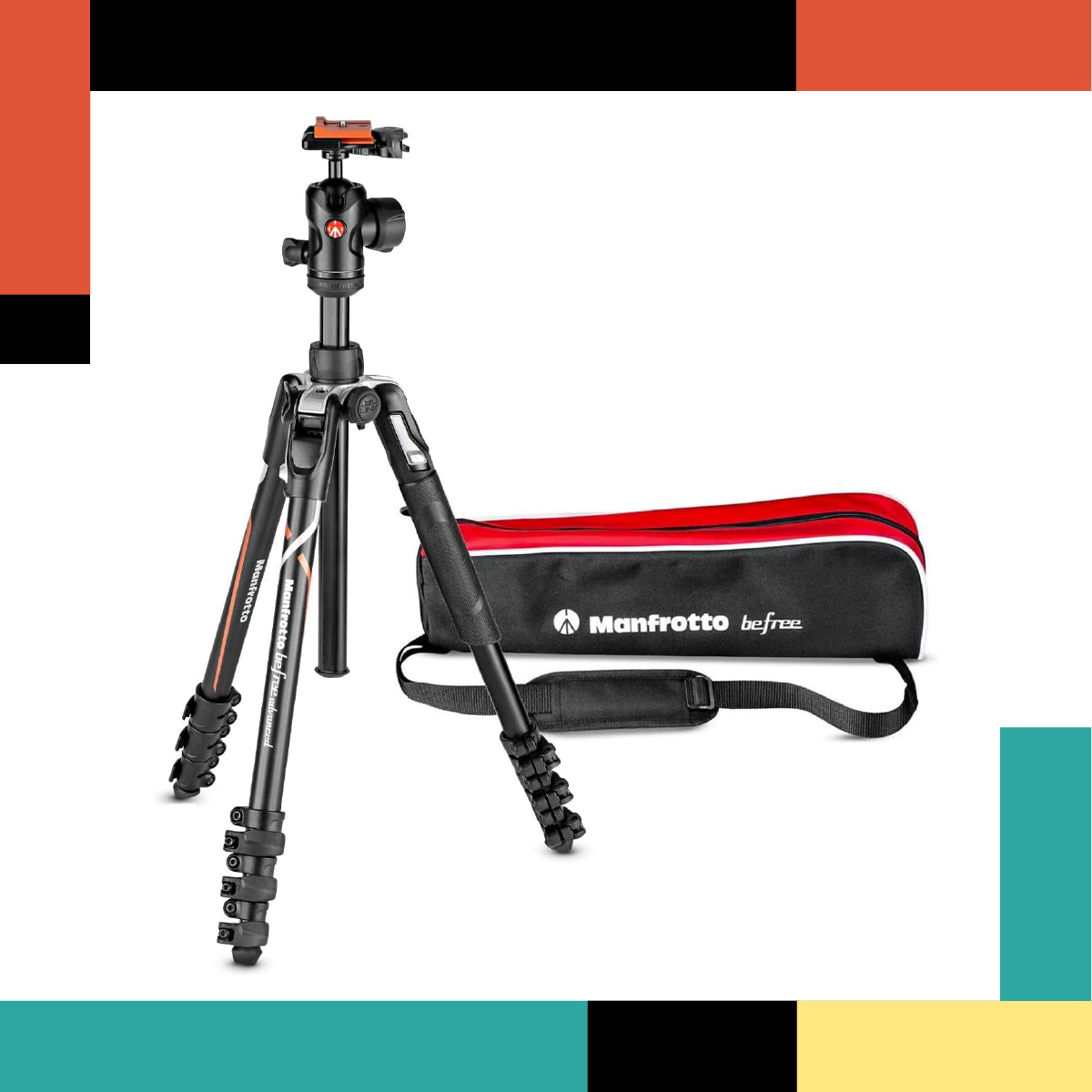 Manfrotto camera tripod with carrying bag on a colorful background