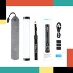 NANLITE studio light kit with packaging and accessories on a colorful background