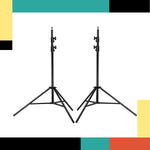 Two black tripod stands on a white background with colorful bars at the top and bottom.