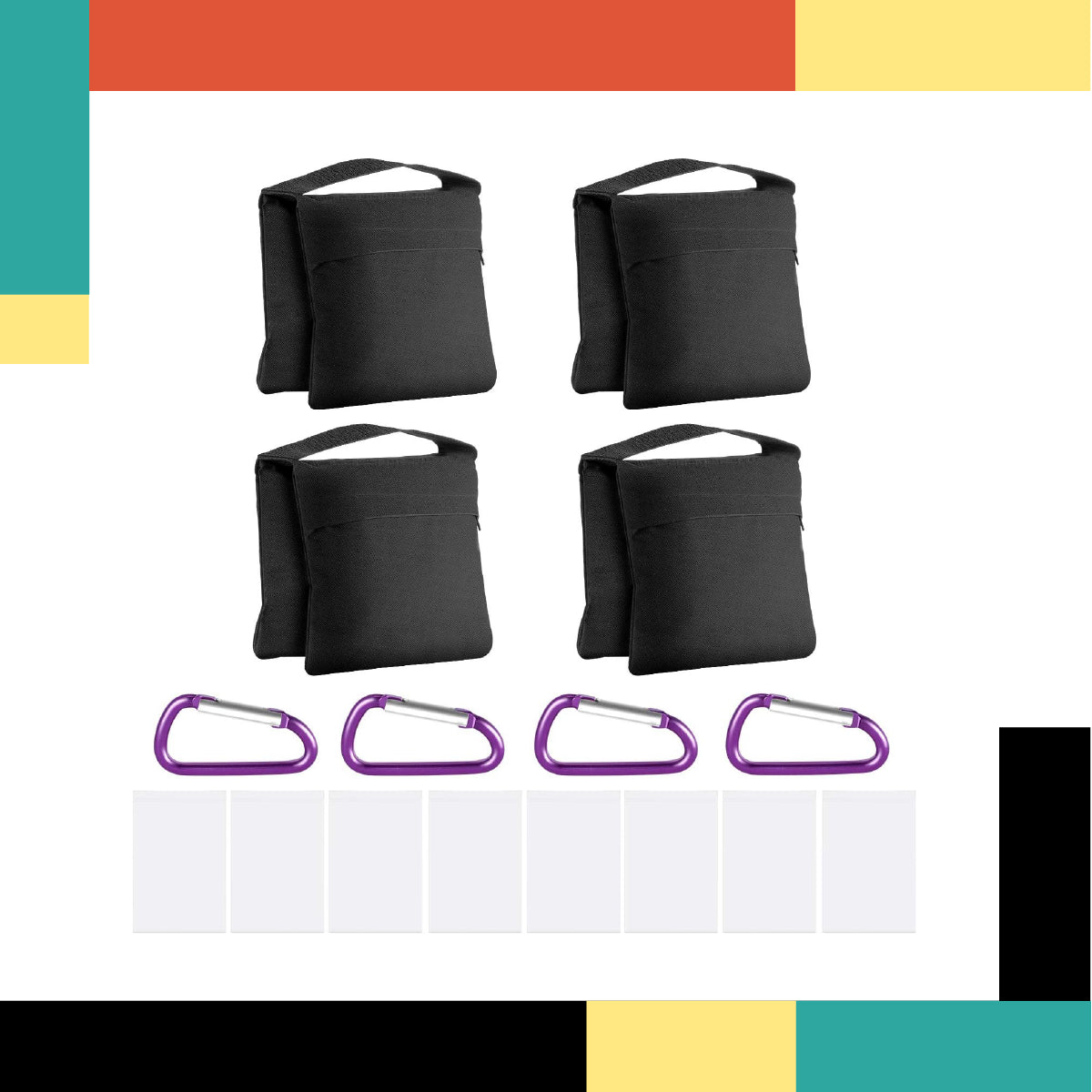 Set of black bags with purple carabiners on a multicolored background