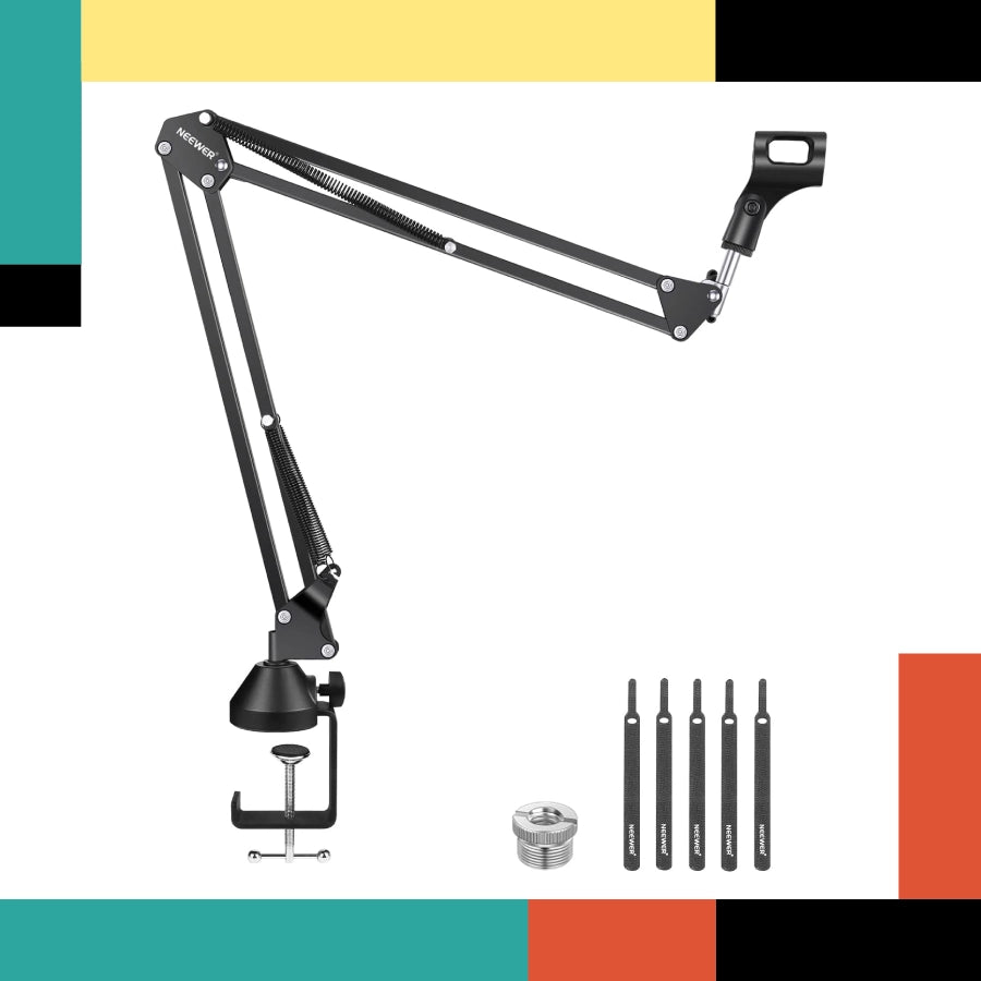 Black adjustable arm with clamps and small components on a white background