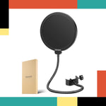 Black pop filter with a flexible arm on a white background, featuring the Neewer brand.