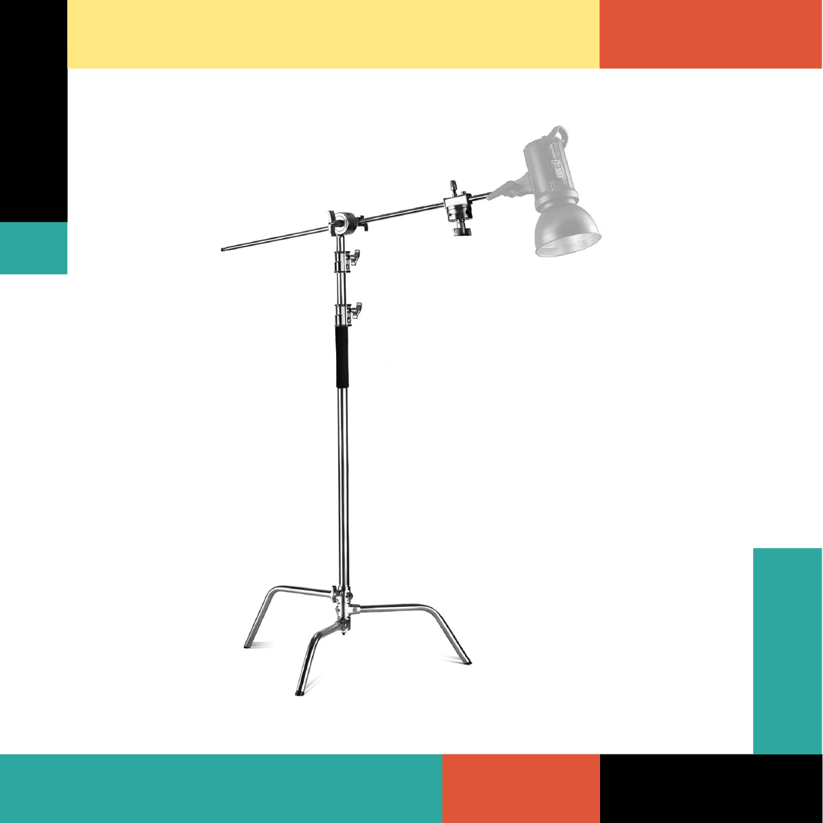 Studio light stand with adjustable arm on a colorful geometric background