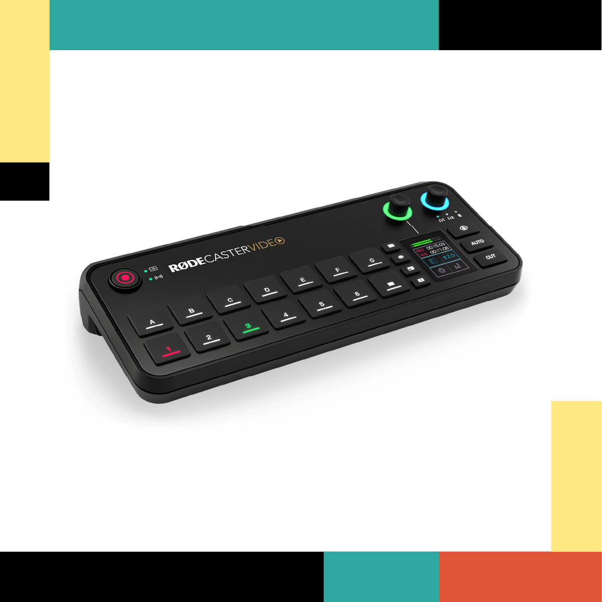 Black Rodecaster Pro device on a white background with colorful bars at the top and bottom.