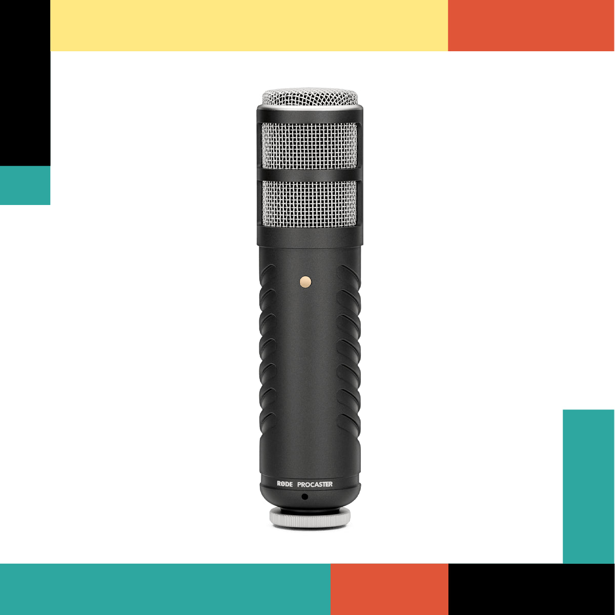 Black microphone with 'Rode' branding on a colorful geometric background
