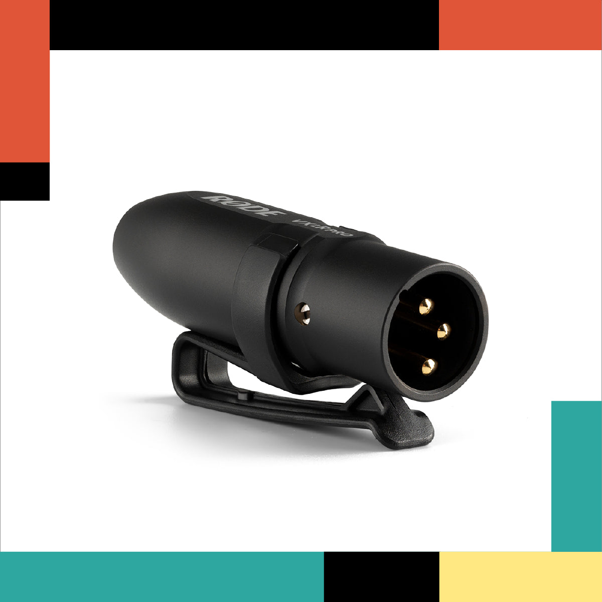 Black XLR microphone connector on a white background with colorful bars at the top and bottom.