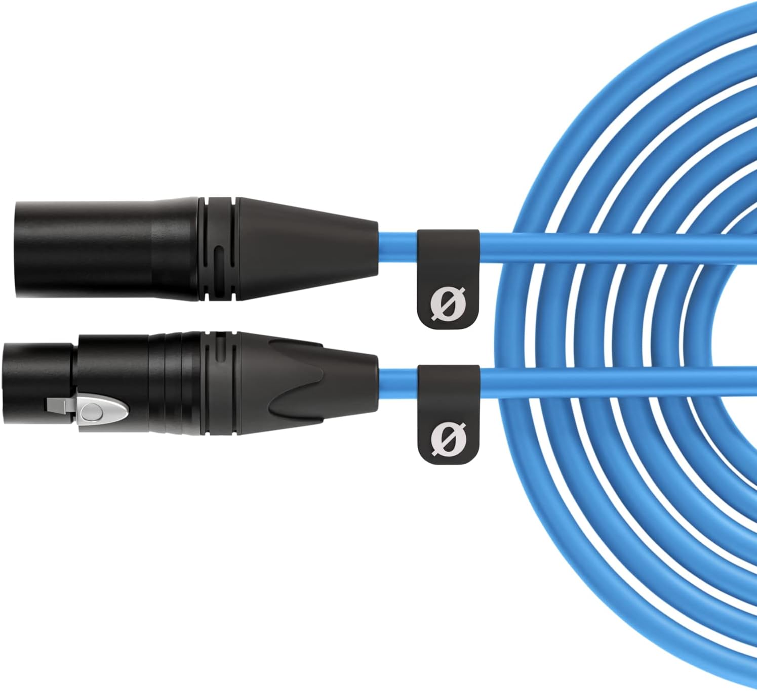 Blue audio cable with XLR connectors on a white background