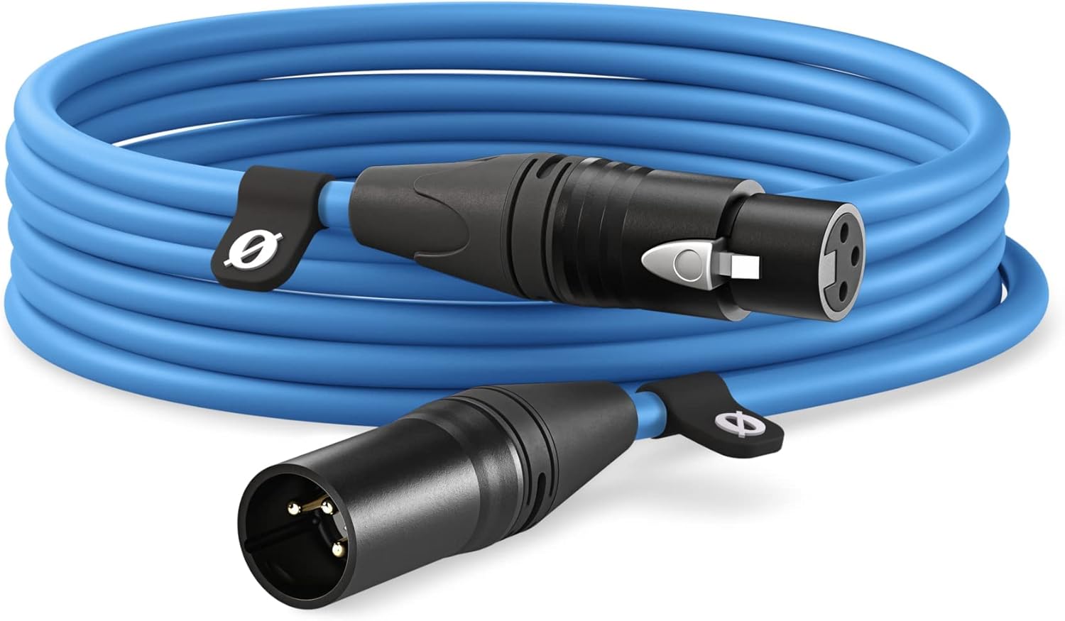 Blue cable with XLR connectors on a white background