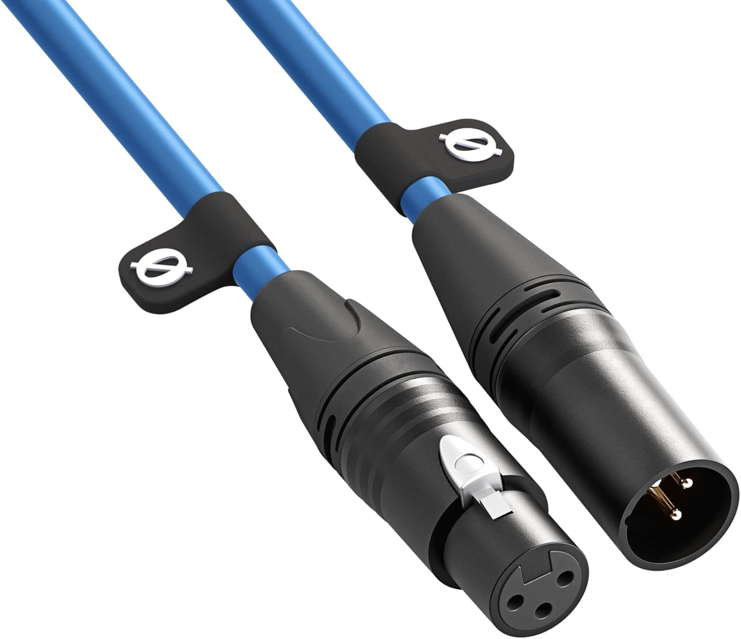 Pair of XLR cables with blue and black connectors on a white background