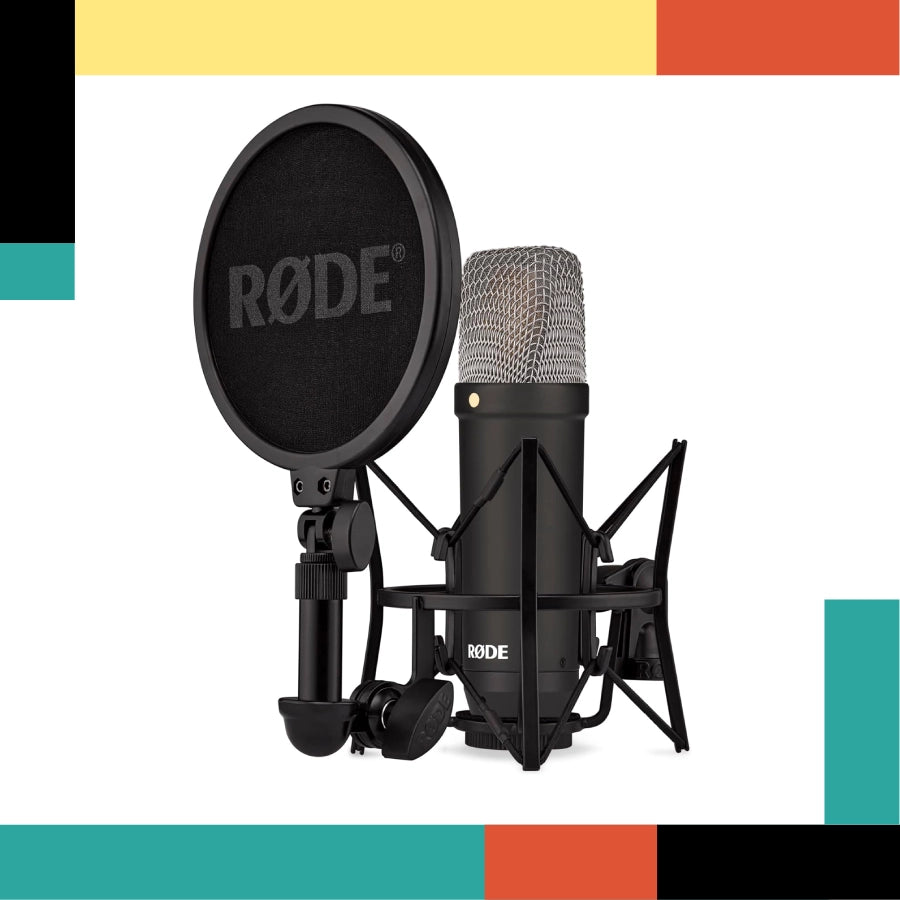 Rode microphone with pop filter on a colorful background