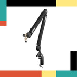 Black microphone boom arm with 'Nude' branding on a colorful background