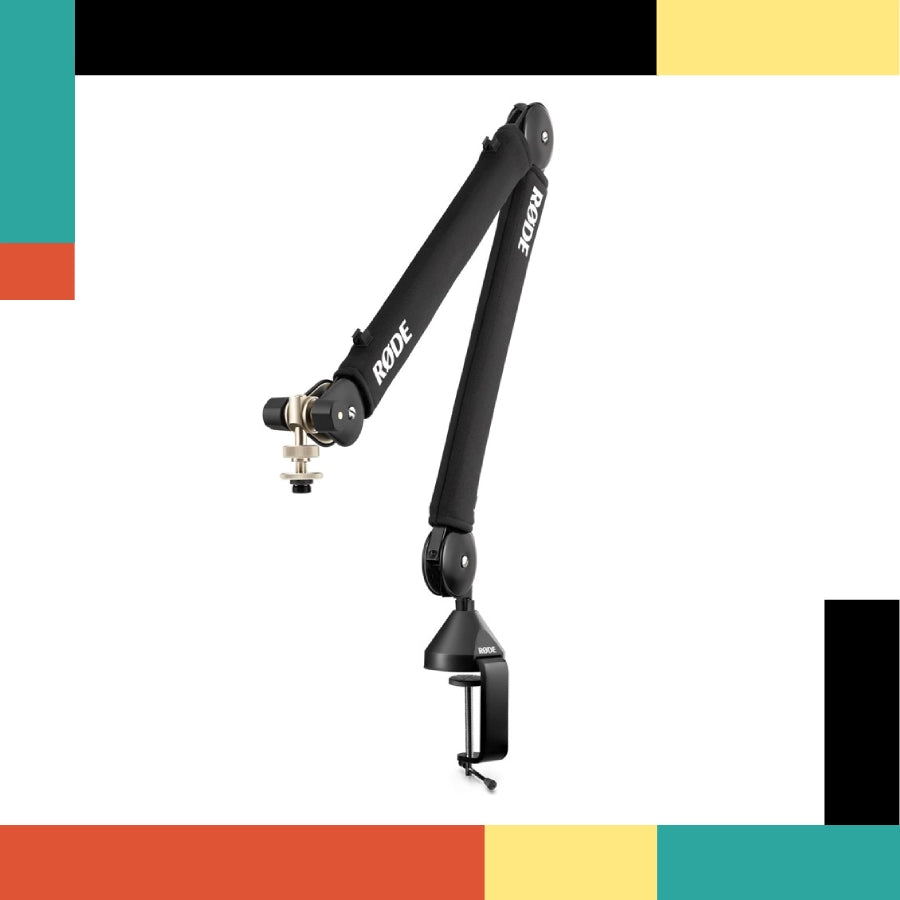 Black microphone boom arm with 'Nude' branding on a colorful background
