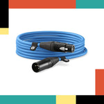 Blue cable with XLR connectors on a colorful background