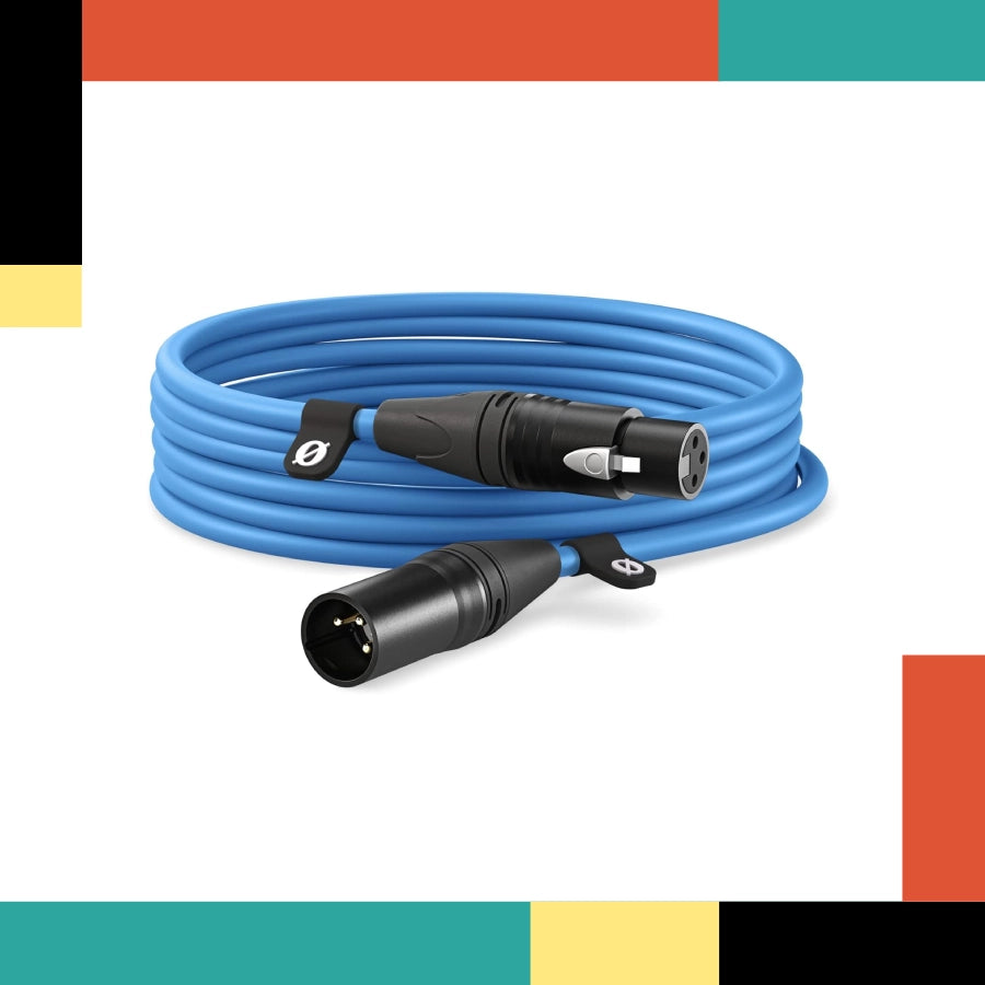 Blue cable with XLR connectors on a colorful background