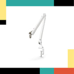 White adjustable arm on a white background with colorful bars at the top and bottom.
