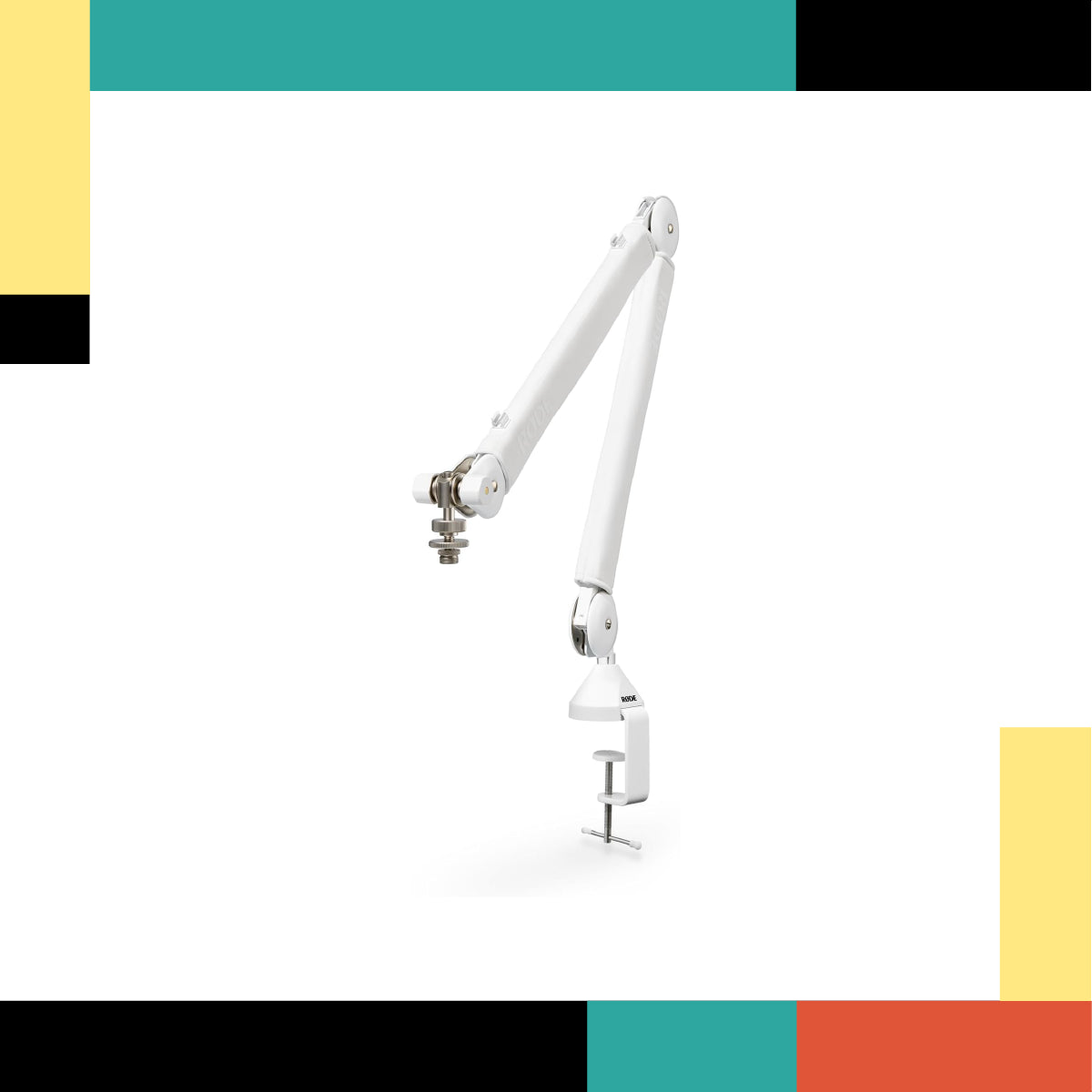 White adjustable arm on a white background with colorful bars at the top and bottom.
