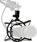 Studio microphone with pop filter on a white background