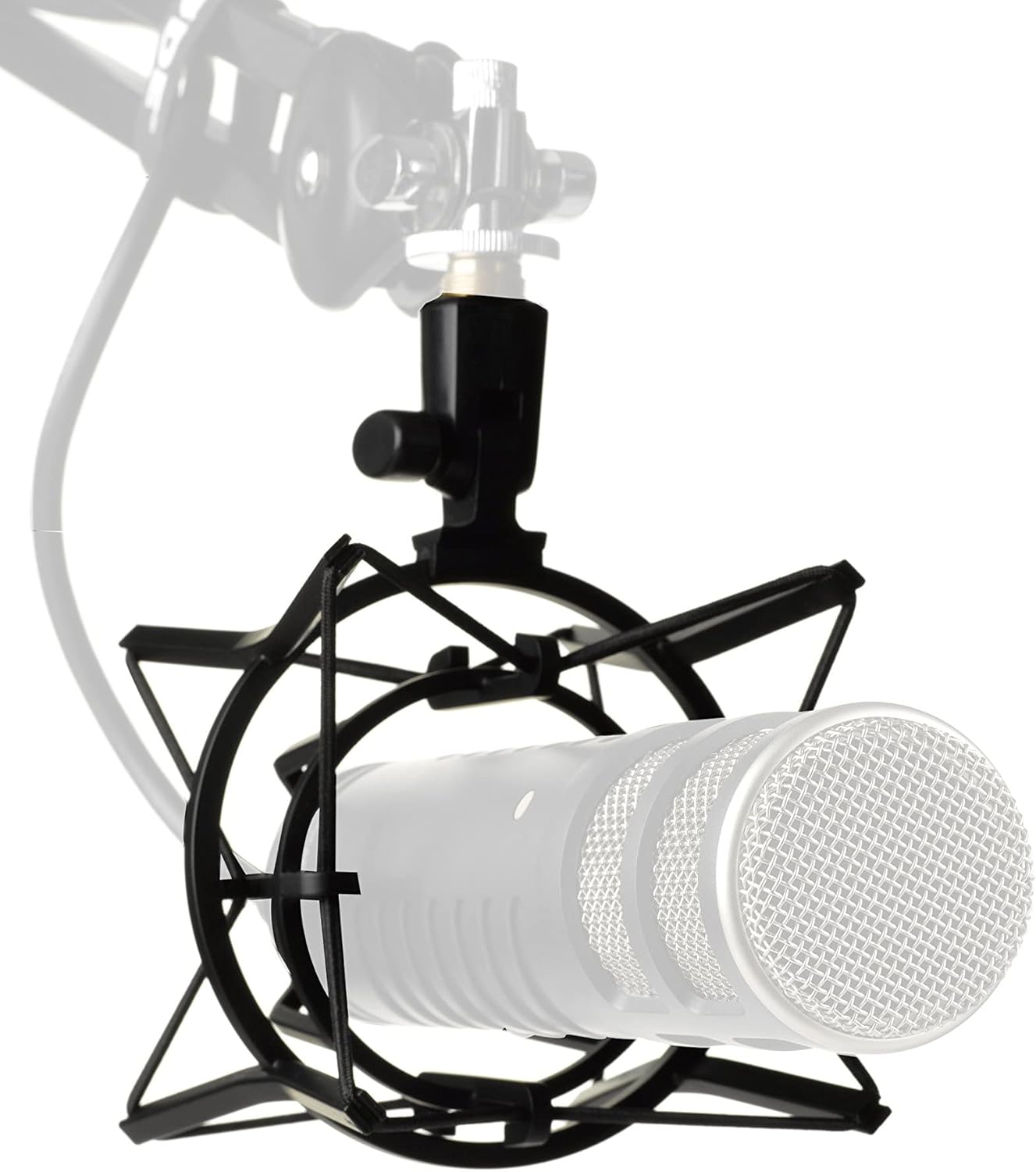 Studio microphone with pop filter on a white background