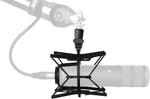 Studio microphone with pop filter and stand on a white background