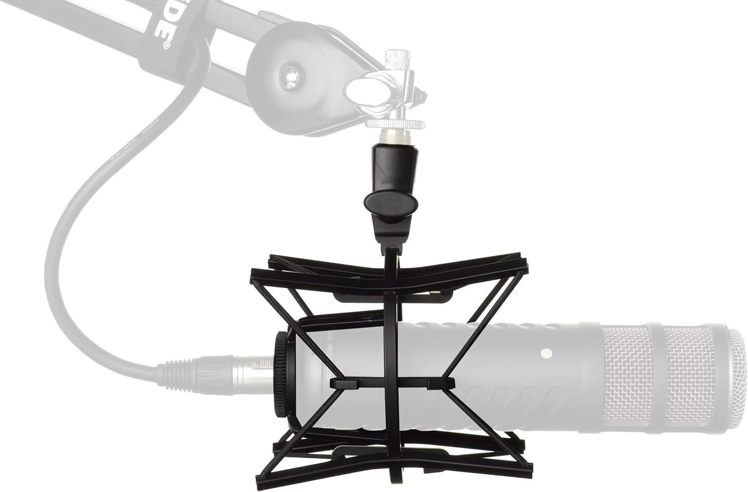 Studio microphone with pop filter and stand on a white background