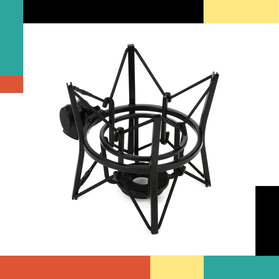 Black microphone pop filter on a colorful background