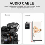 Audio cable compatibility with camera and phone on a white background