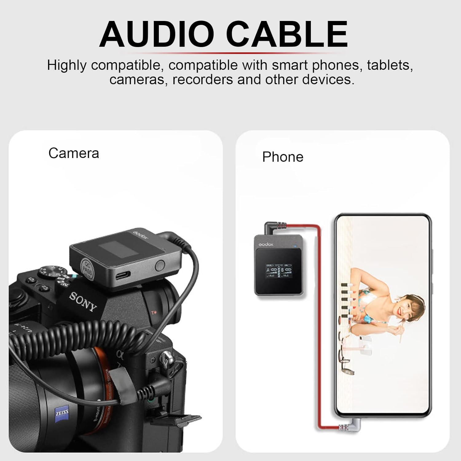 Audio cable compatibility with camera and phone on a white background