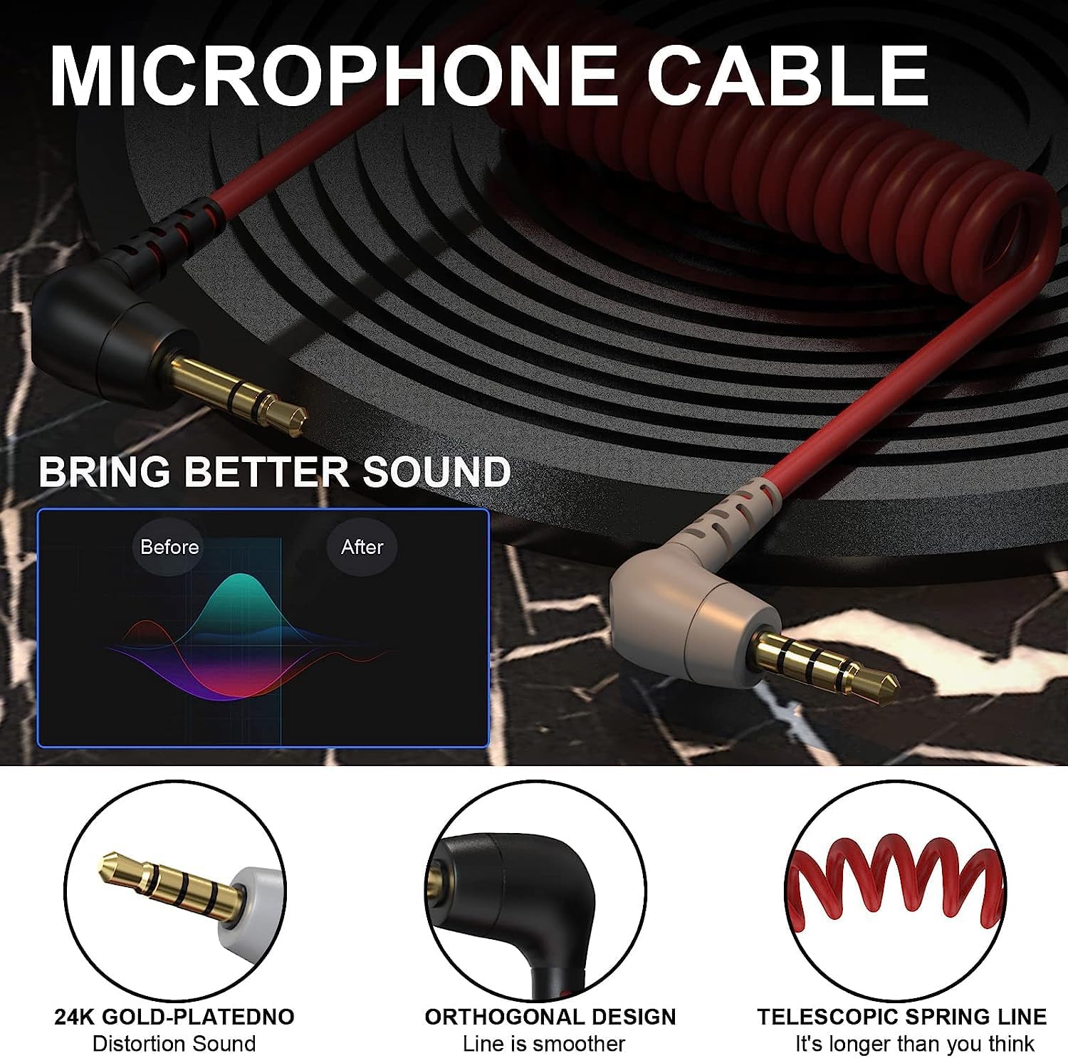 Microphone cable with 24K gold-plated connector and telescopic spring line on a dark background.