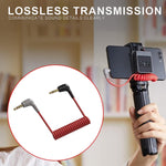 Red coiled audio cable with a close-up inset, held by a person, with 'Lossless Transmission' text above.