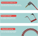 Coiled audio cable with gold-plated connector on a light blue background