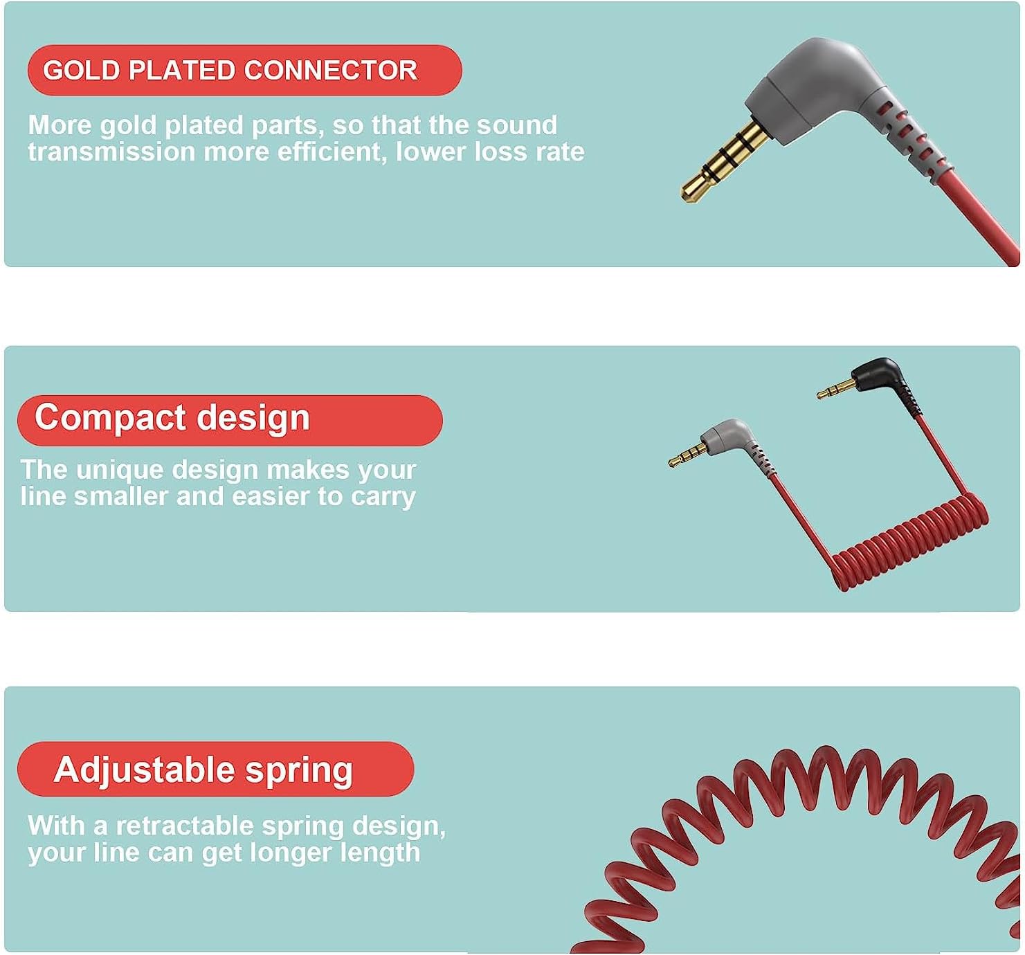 Coiled audio cable with gold-plated connector on a light blue background