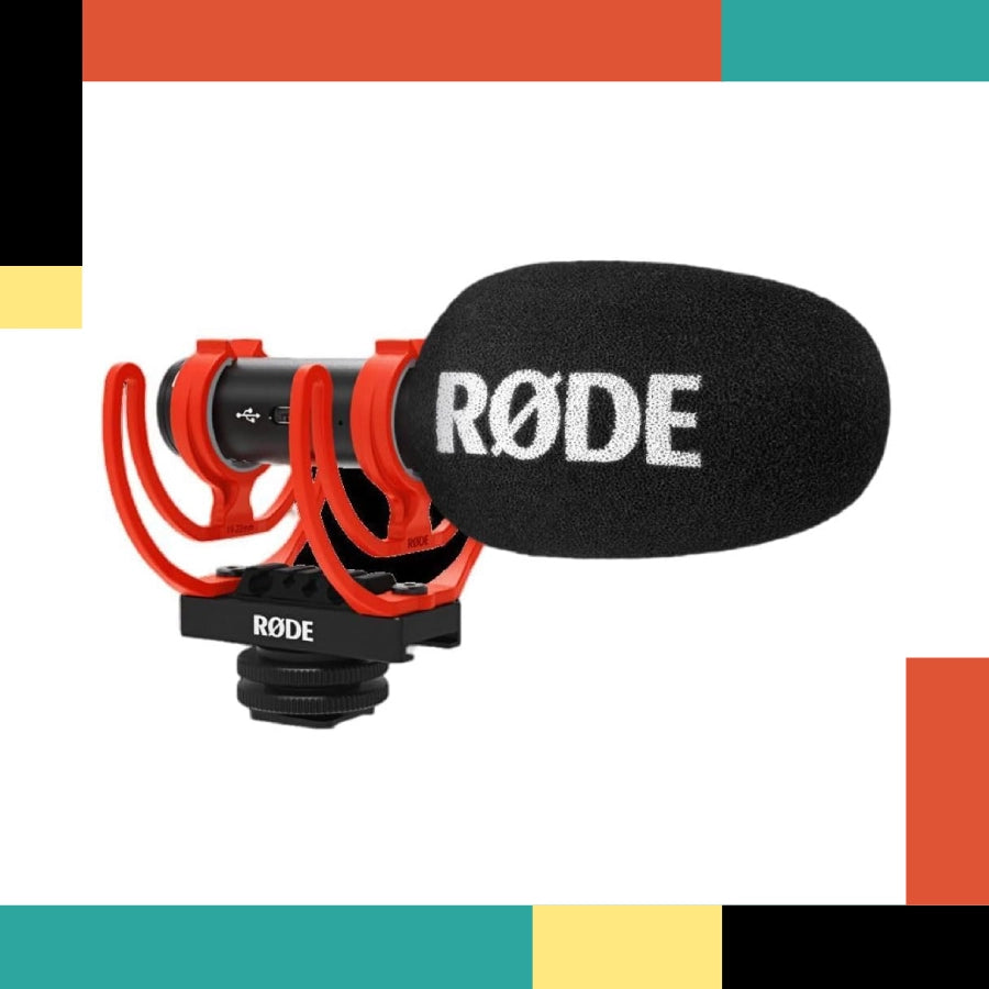 Rode microphone with colorful geometric background