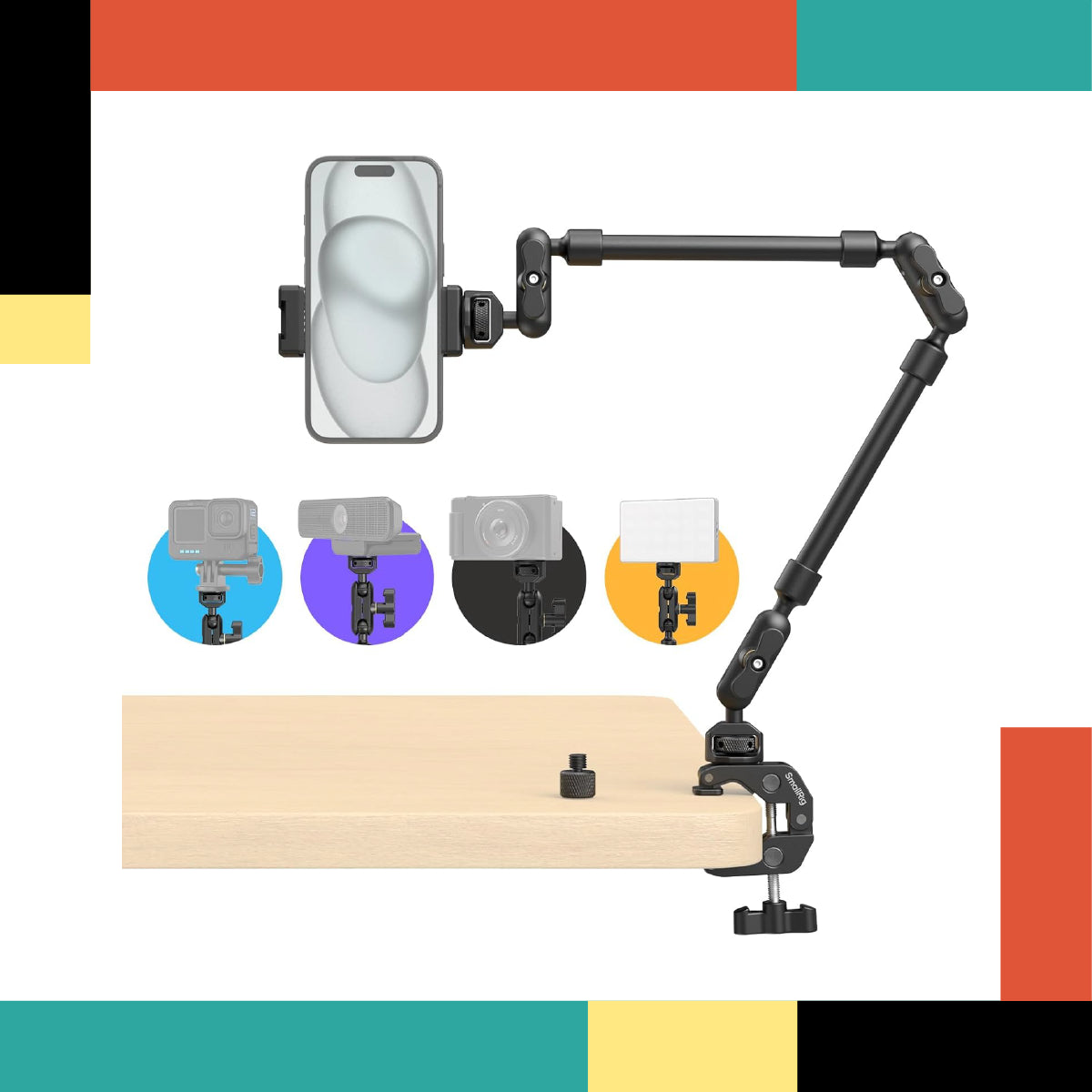 Phone holder with adjustable arm on a white background