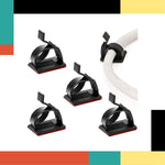 Set of black cable clips with a white cable on a colorful background