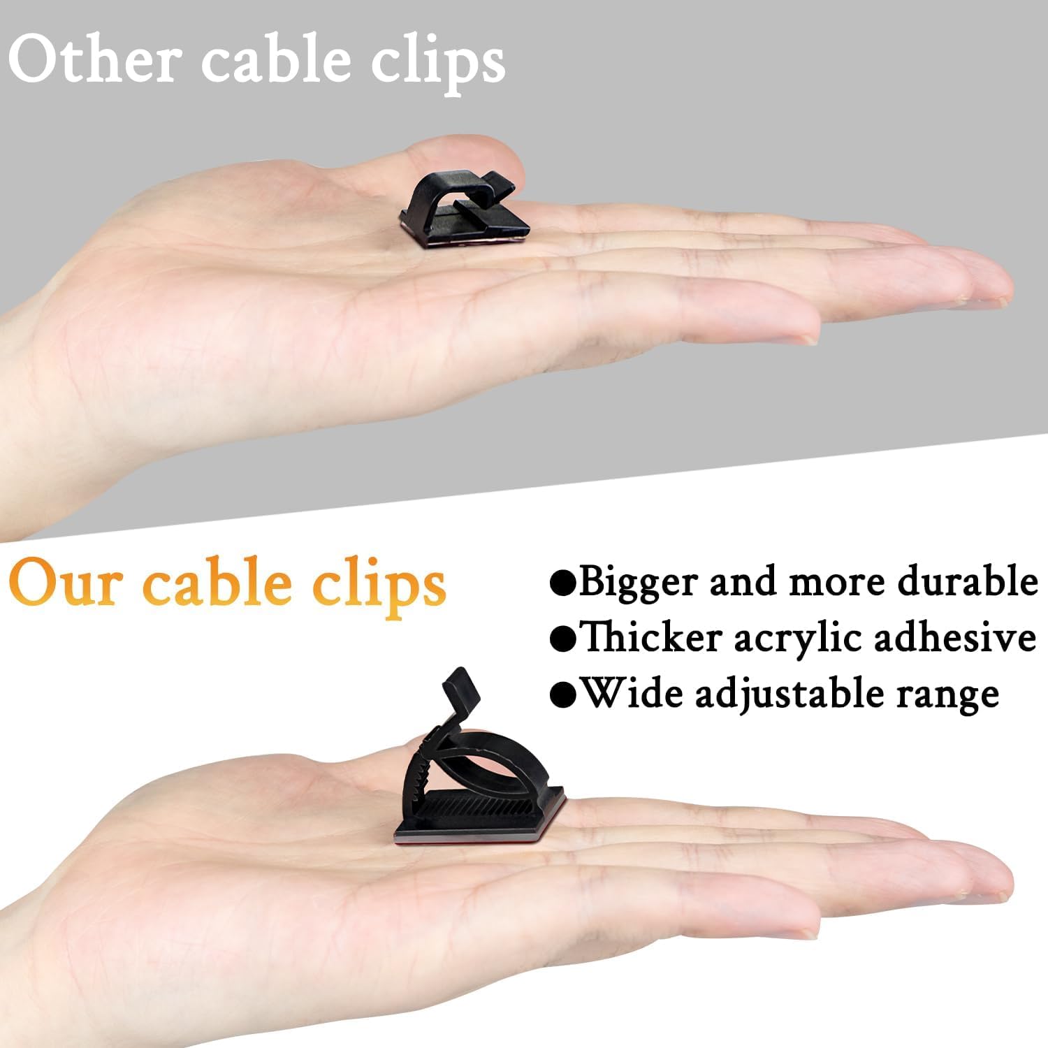 Comparison of 'Other cable clips' and 'Our cable clips' on a hand with text highlighting differences.