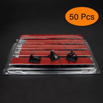 Packaging of red plastic components with black clips on a black background, labeled '50 Pcs'.