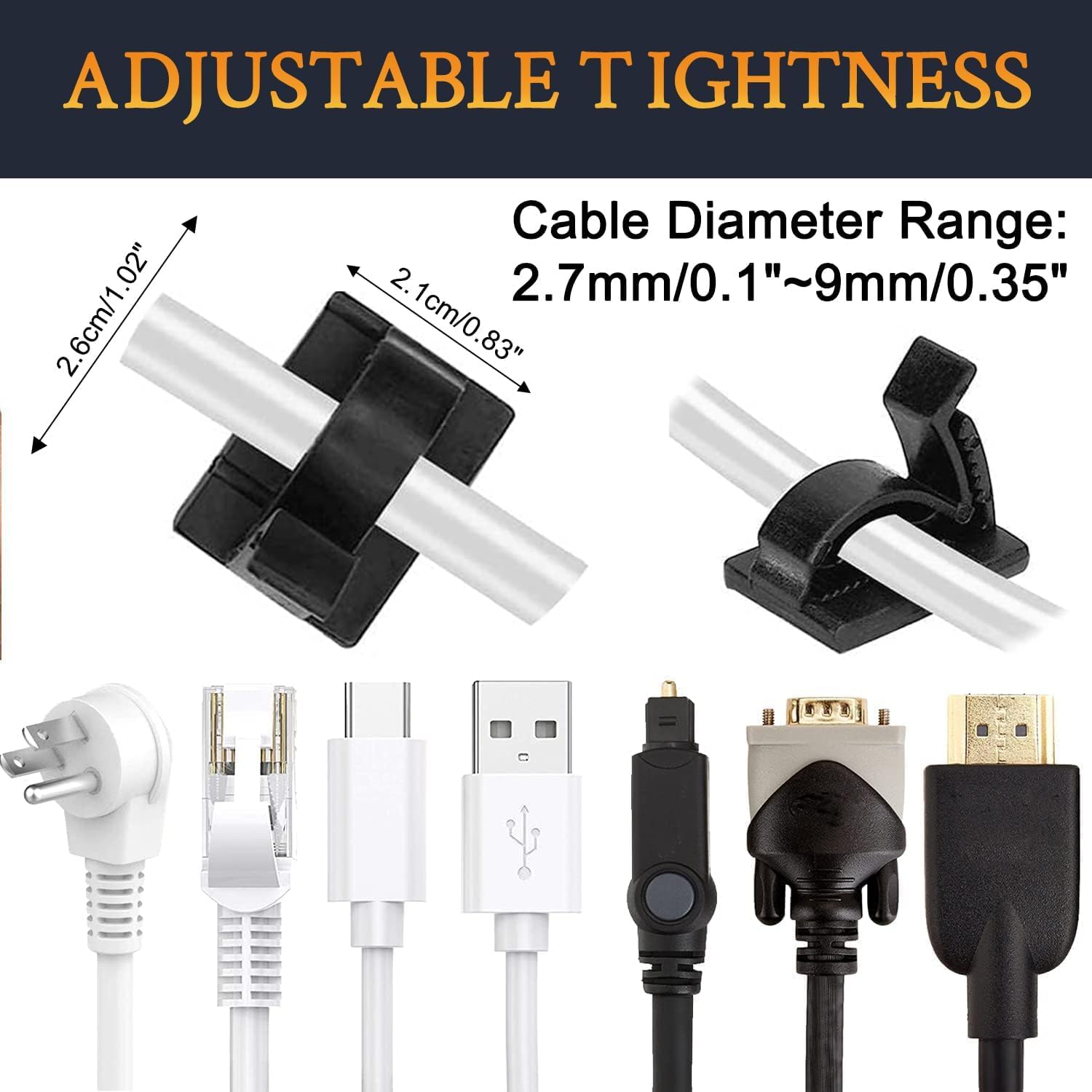 Cable clamps with adjustable tightness feature and various cables displayed.