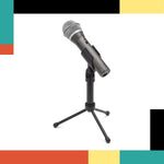 Microphone on a stand with a colorful geometric background