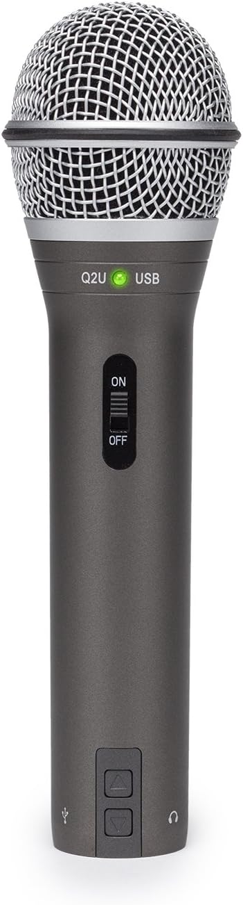 Gray microphone with control buttons on a white background