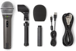 Set of audio equipment including a microphone, stand, and cables on a white background