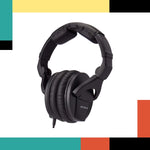 Black headphones on a white background with colorful geometric shapes