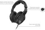 Black headphones with text highlighting features on a white background