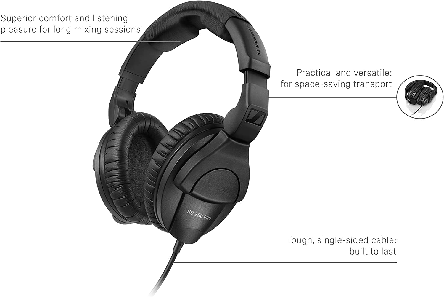 Black headphones with text highlighting features on a white background