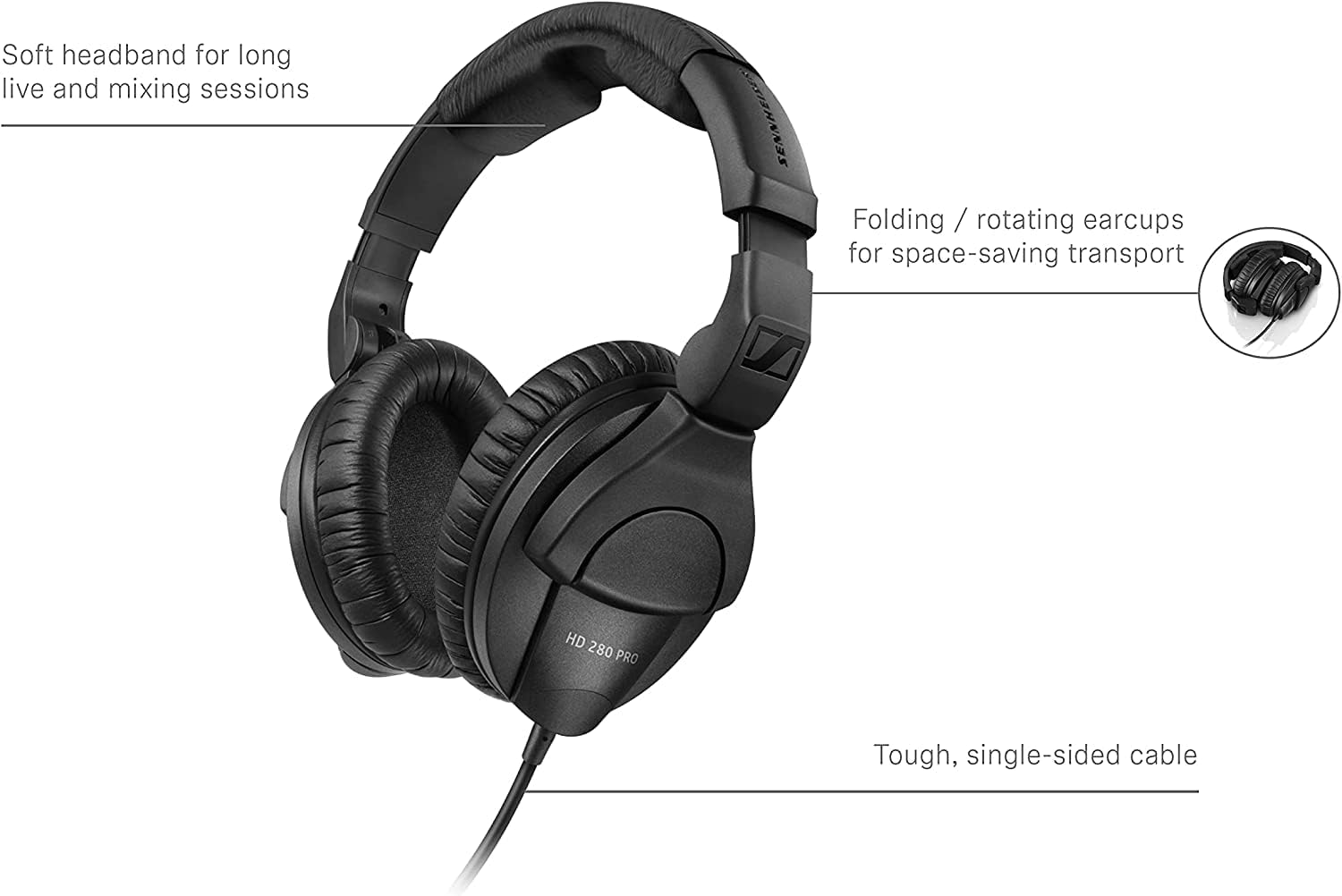 Black headphones with features highlighted on a white background