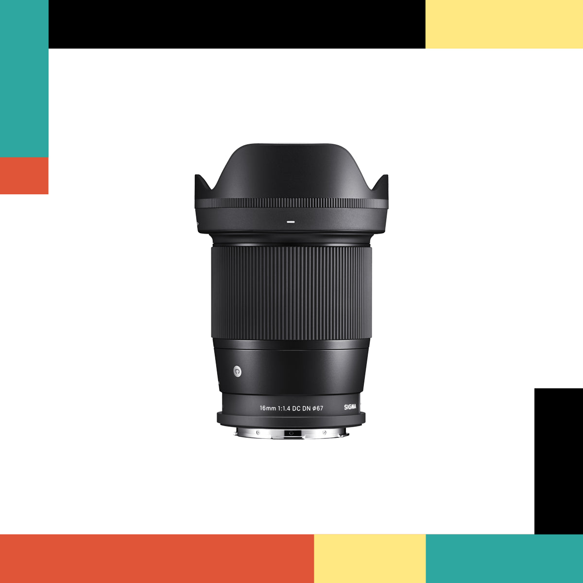 Camera lens with brand logo on a colorful geometric background