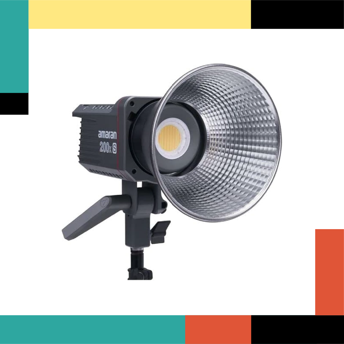 Studio light with 'Amaran' branding on a colorful background