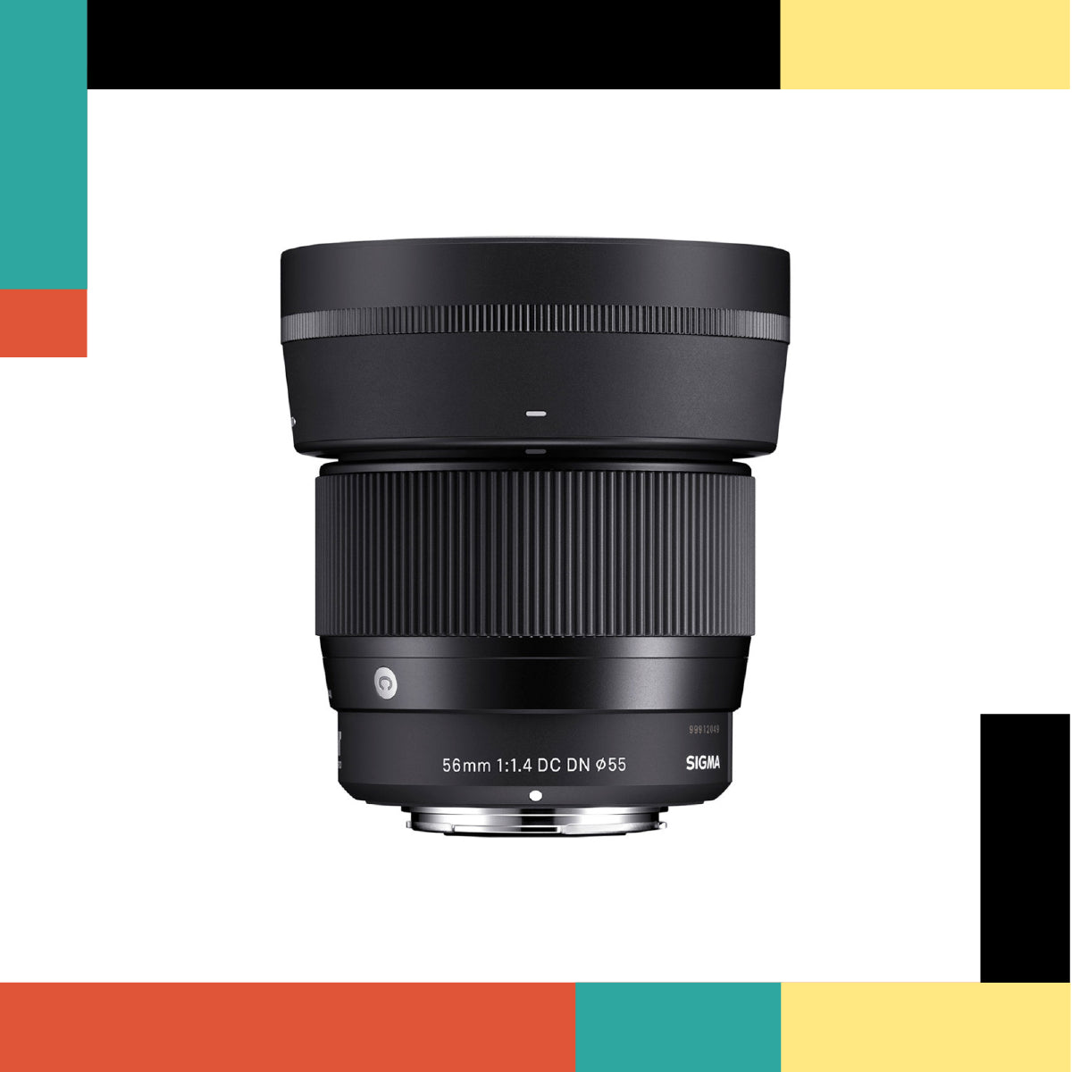 Camera lens with 'Sigma' branding on a colorful geometric background