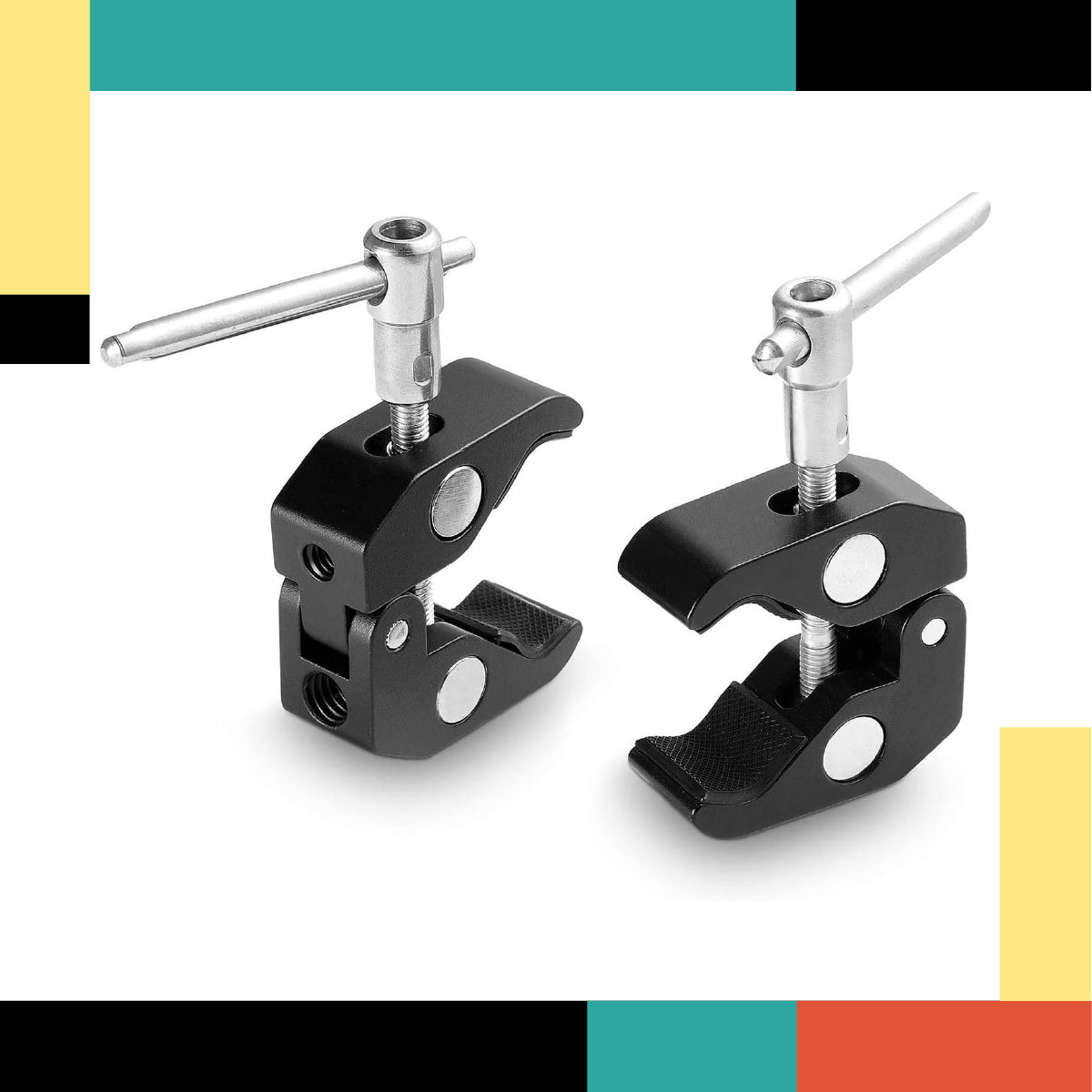 Two metal clamps on a colorful background